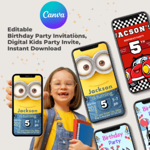 Editable Birthday Party Invitations, Digital Kids Party Invite, Instant Download