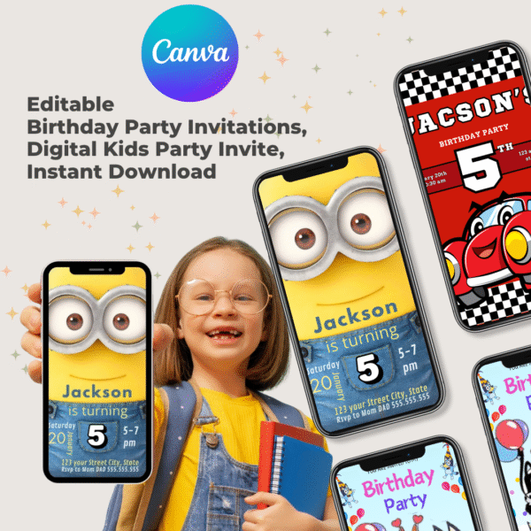 Editable Birthday Party Invitations, Digital Kids Party Invite, Instant Download